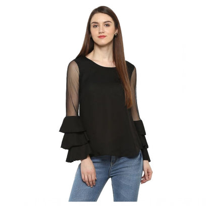 Women's Polyester Solid Tier Sleeve Top (Black)