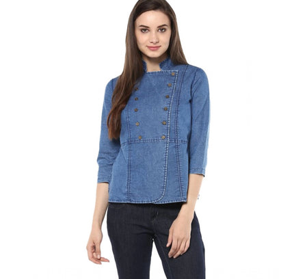 Women's Denim Solid 3-4th Sleeves Regular Top (Blue)