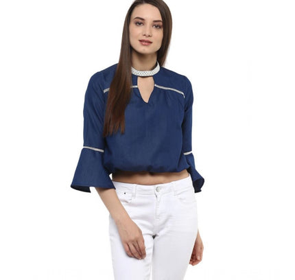 Women's Polyester Solid Bell Sleeve Regular Top (Blue)