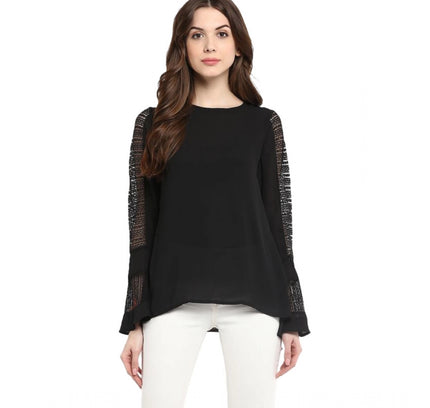 Women's Polyester Georgette Self Design Bell Sleeve Regular Top (Black)