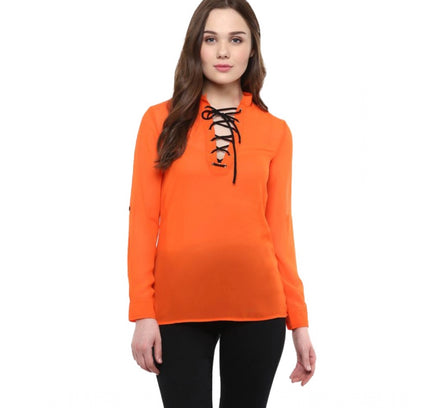 Women's Polyester Solid Long Sleeves Regular Top (Orange)