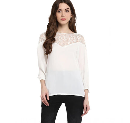 Women's Polyester Georgette Self Design 3-4th Sleeves Regular Top (White)