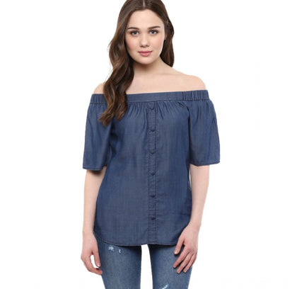 Women's Denim Solid Short Sleeve Regular Top (Blue)