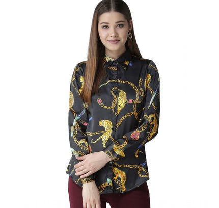 Women's Satin Printed Long Sleeves Standard Length Shirt (Black - Gold)