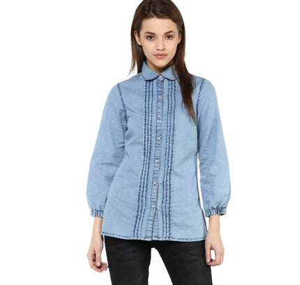 Women's Denim Solid 3-4th Sleeves Standard Length Shirt (Blue)
