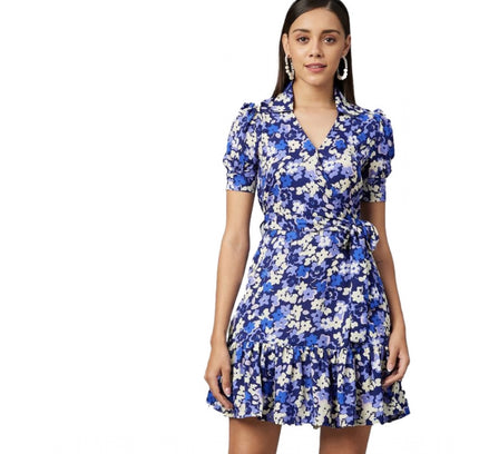 Women's Polyester Floral Short Sleeve Above Knee Dress (Blue - Purple)