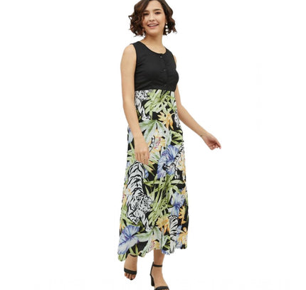 Women's Rayon Floral Sleeveless Calf-length Dress (Multicolor)