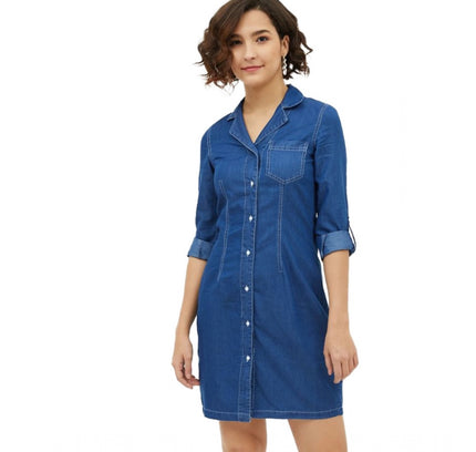 Women's Denim Solid Long Sleeves Above Knee Dress (Blue)