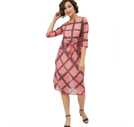 Women's Polyester Checkered 3-4th Sleeves Below Knee Dress (Pink)
