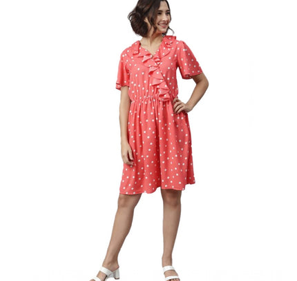 Women's Polyester Polka Flutter Above Knee Dress (Coral)