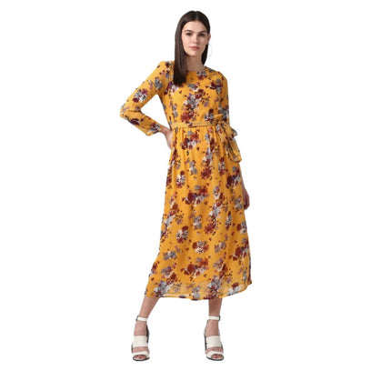 Women's Polyester Floral Long Sleeves Calf-length Dress (Yellow)