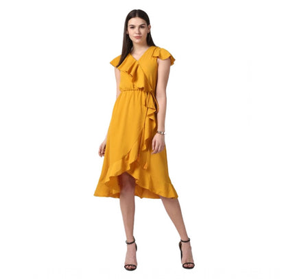 Women's Polyester Ruffled Cap Sleeve Knee-Length Dress (Yellow)