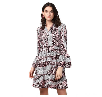 Women's Polyester Animal Print Bell Sleeve Above Knee Dress (Pink - Black)