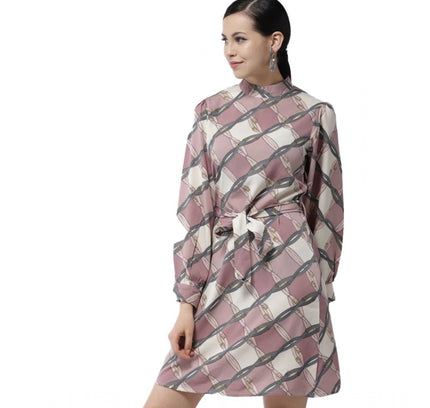 Women's Polyester Checkered Long Sleeves Above Knee Dress (Off White - Lavender)