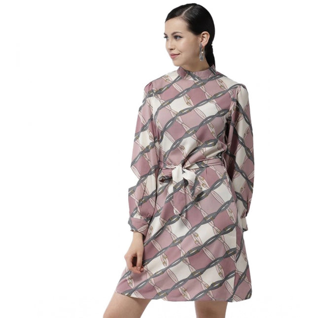 Women's Polyester Checkered Long Sleeves Above Knee Dress (Off White - Lavender)