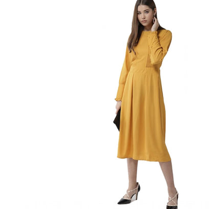 Women's Polyester Pintuck Long Sleeves Below Knee Dress (Yellow)