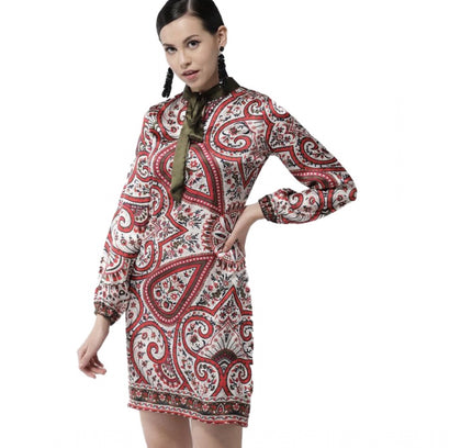 Women's Polyester Printed Long Sleeves Above Knee Dress (Red)