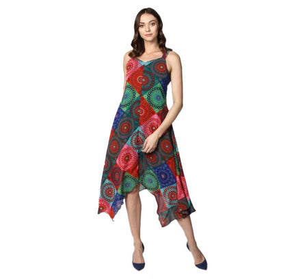 Women's Polyester Asymmetrical Shoulder Straps Knee-Length Dress (Multicolor)