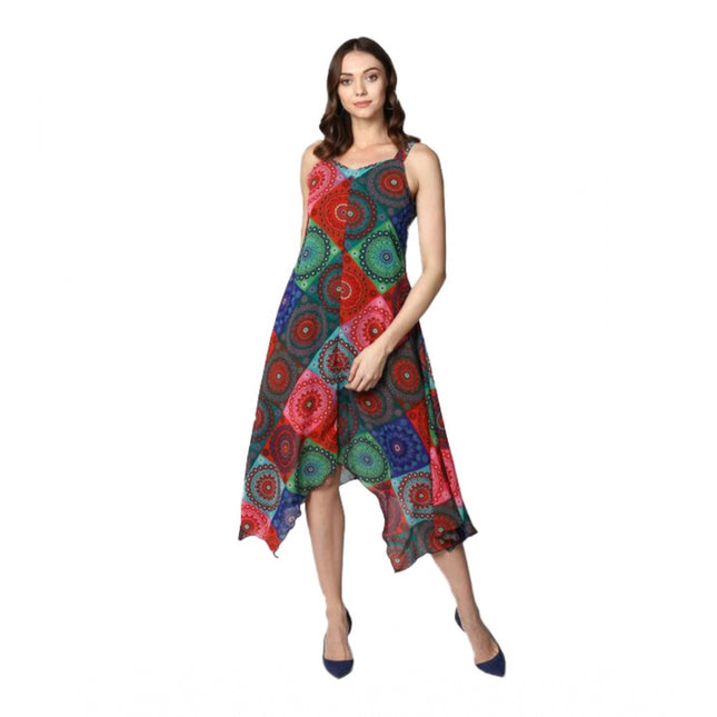 Women's Polyester Asymmetrical Shoulder Straps Knee-Length Dress (Multicolor)