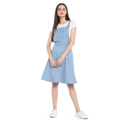 Women's Denim Solid Sleeveless Above Knee Dress (Blue)