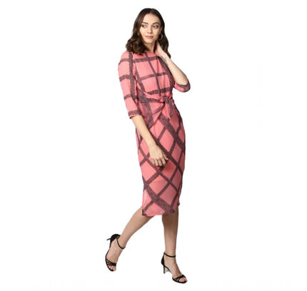 Women's Polyester Checkered 3-4th Sleeves Below Knee Dress (Pink - Black)