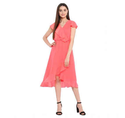 Women's Polyester Ruffled Cap Sleeve Below Knee Dress (Coral Pink)