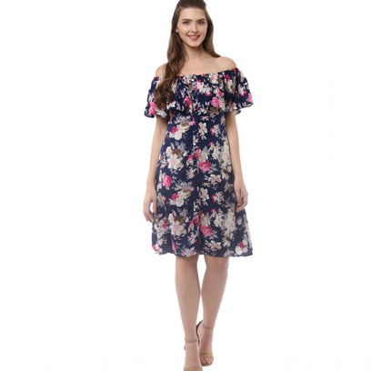 Women's Polyester Crepe Floral Half Sleeve Above Knee Dress (Navy Blue)