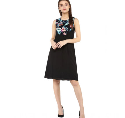 Women's Polyester Printed Sleeveless Above Knee Dress (Black - Multicolor)