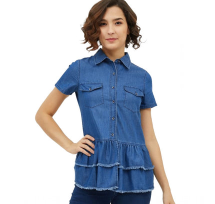 Women's Denim Peplum Short Sleeve Top (Blue)