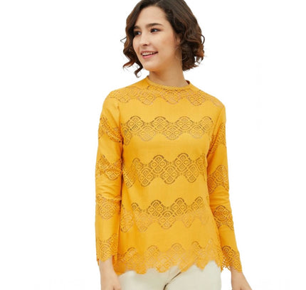 Women's Cotton Lace Inserts Long Sleeves Top (Yellow)