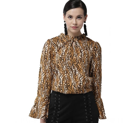 Women's Polyester Printed Bell Sleeve Top (Orange - Black)