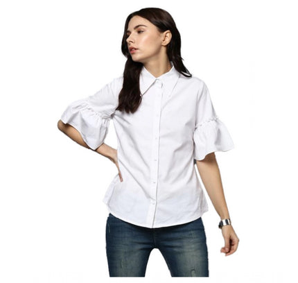 Women's Cotton Solid Bell Sleeve Top (White)