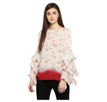 Women's Rayon Crepe Printed Ruffle Sleeve Top (Off White - Red)
