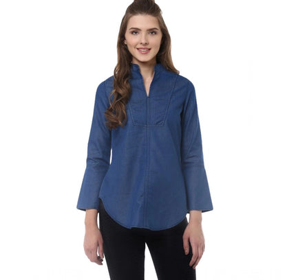 Women's Denim Solid Bell Sleeve Regular Top (Blue Denim)