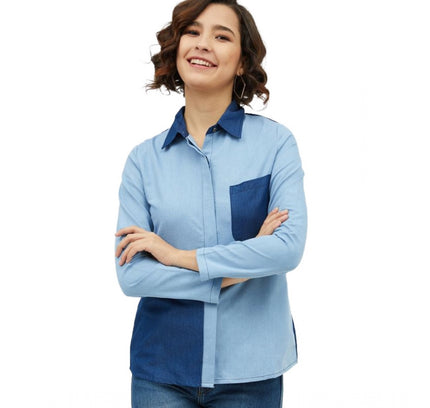 Women's Denim Patch Work Long Sleeves Standard Length Shirt (Blue)
