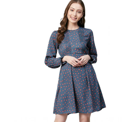 Women's Polyester Polka Long Sleeves Above Knee Dress (Grey - Coral)