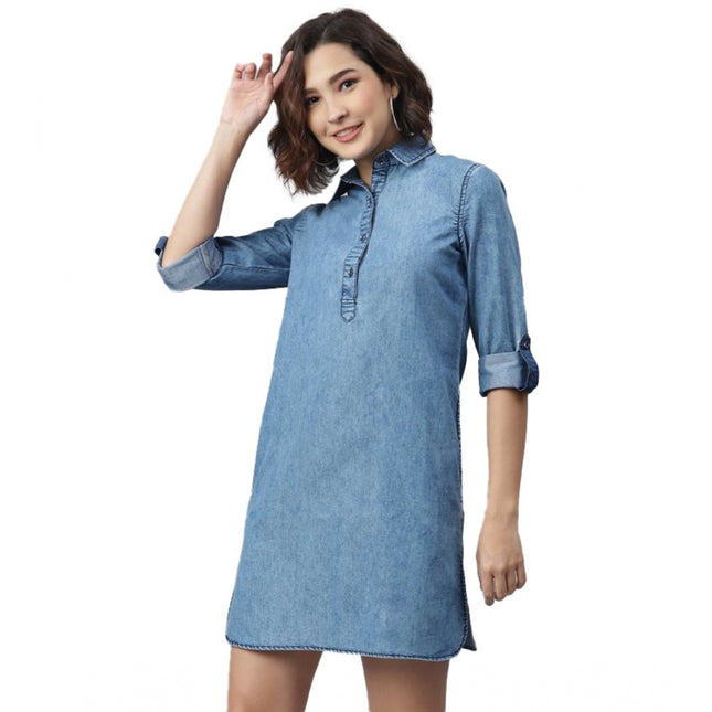 Women's Denim Solid Long Sleeves Above Knee Dress (Ice Blue)