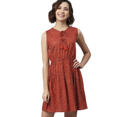 Women's Rayon Polka Sleeveless Above Knee Dress (Rust)