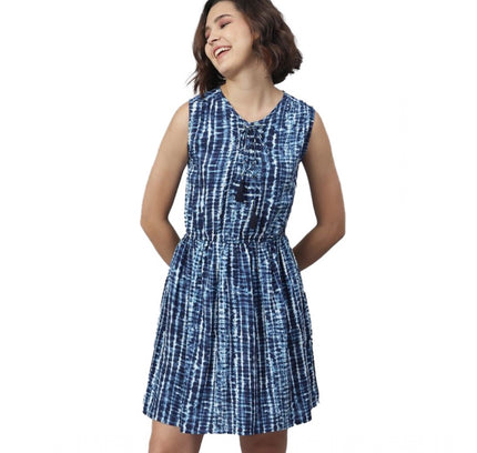 Women's Rayon Tie &amp; Dye Sleeveless Above Knee Dress (Blue)