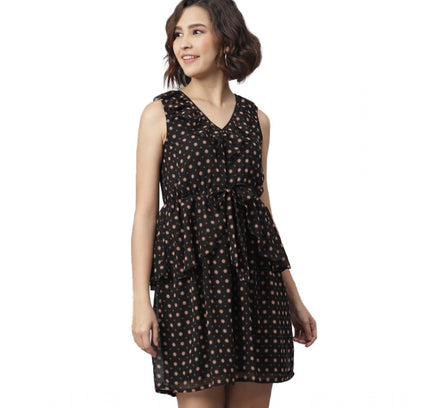 Women's Polyester Peplum Sleeveless Above Knee Dress (Black)