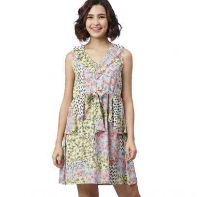 Women's Polyester Peplum Sleeveless Above Knee Dress (Multicolor)