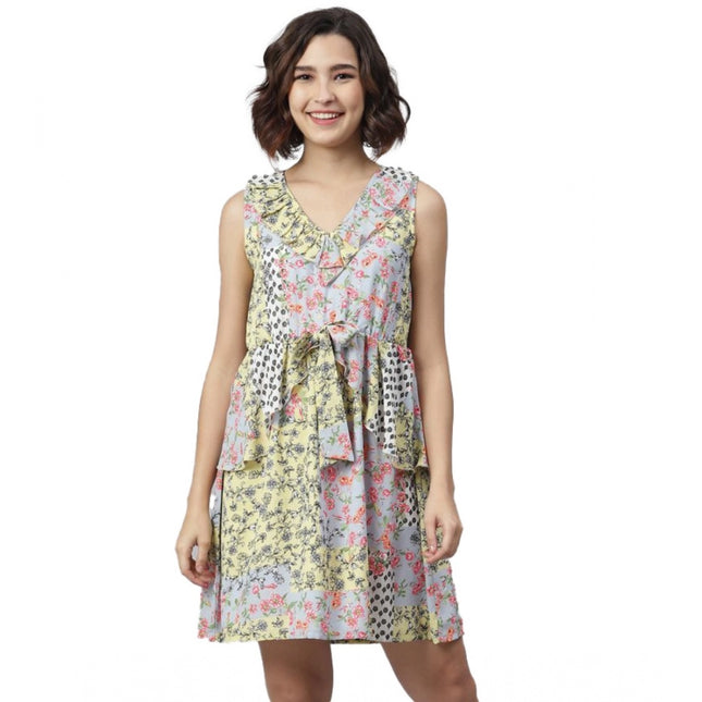 Women's Polyester Peplum Sleeveless Above Knee Dress (Multicolor)