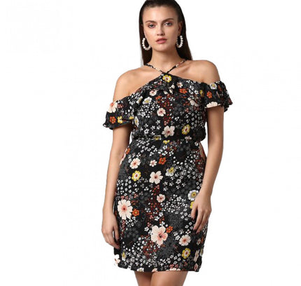 Women's Polyester Floral Cold Shoulder Above Knee Dress (Black)