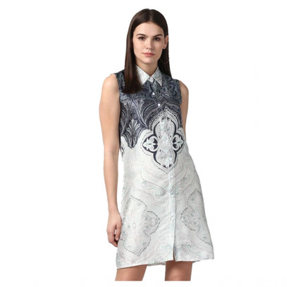 Women's Polyester Printed Sleeveless Above Knee Dress (Blue)