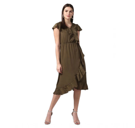Women's Polyester Ruffled Cap Sleeve Knee-Length Dress (Olive)