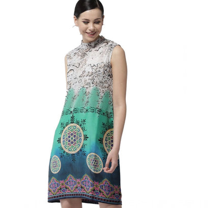 Women's Polyester Printed Sleeveless Above Knee Dress (Multicolor)