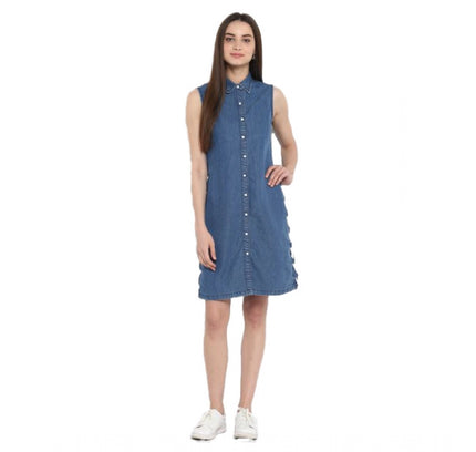 Women's Denim Solid Sleeveless Above Knee Dress (Blue)