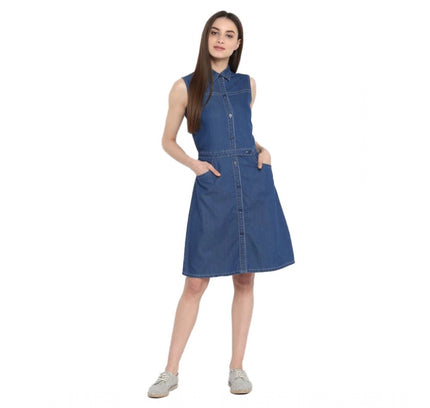 Women's Denim Solid Sleeveless Above Knee Dress (Blue)