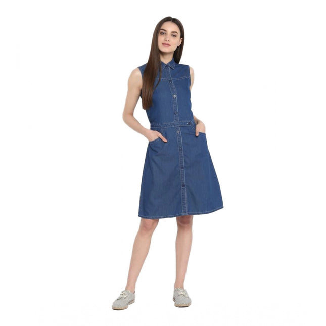 Women's Denim Solid Sleeveless Above Knee Dress (Blue)