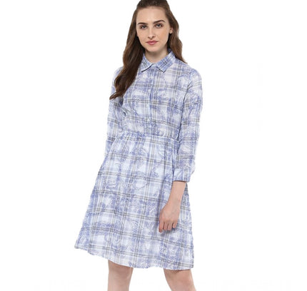 Women's Cotton Checkered Roll Up Sleeve Above Knee Dress (Blue)